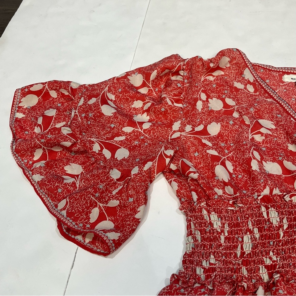 Max Studio Red Floral Smocked Fit Flare Dress Flutter Sleeve Women Small 9912D52 - Picture 4 of 16